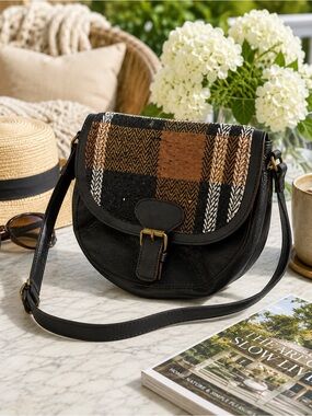 Cott N Curls Galore Satchel Plaid Crossbody Bag NWT Boho Leather Trim